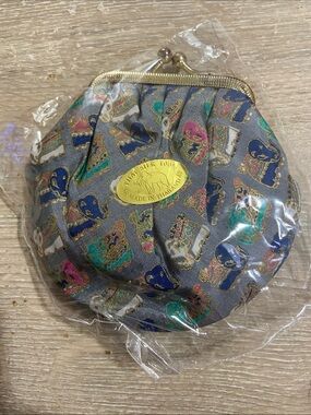 Vintage 100% Thai Silk Elephant Print Coin Purse with Gold Tone Frame Sealed (2)